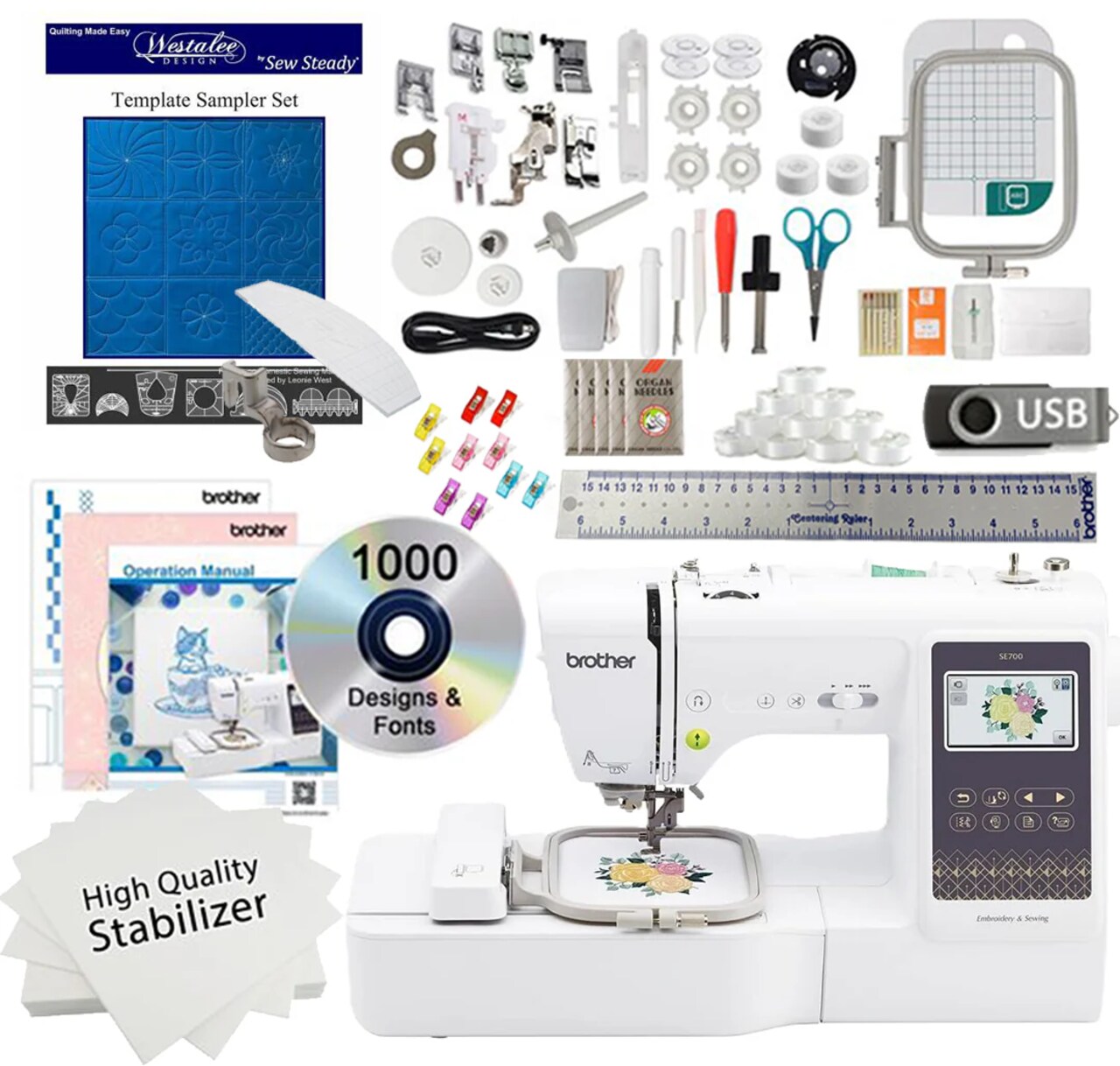 Brother SE700 Sewing and Embroidery Machine 4x4 With Quilting Bundle